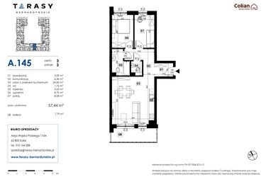 Rzut - Mieszkanie na sprzedaż 3 pokoje o powierzchni 57,44 m² - numer A.145 w Tarasy Bernardyńskie