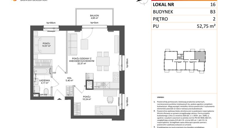 Rzut - Mieszkanie na sprzedaż 3 pokoje o powierzchni 52,75 m² - numer B3.16 w Osiedle Przy Błoniach 3 etap III