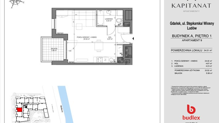 Rzut - Mieszkanie na sprzedaż 1 pokój o powierzchni 33,52 m² - numer A9 w Kapitanat A