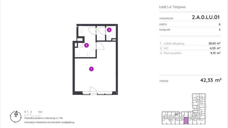 Rzut - Lokal użytkowy na sprzedaż 1 pokój o powierzchni 42,33 m² - numer 2.A.0.LU.01 w Murapol Forum