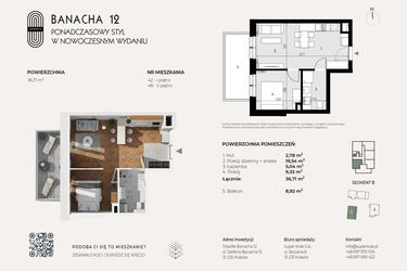 Rzut - Mieszkanie na sprzedaż 2 pokoje o powierzchni 36,71 m² - numer 42 w Banacha 12
