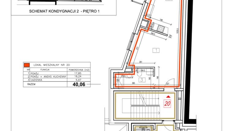 Rzut - Mieszkanie na sprzedaż 2 pokoje o powierzchni 40,06 m² - numer 20 w Alchemik74