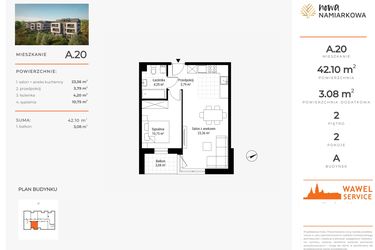 Rzut - Mieszkanie na sprzedaż 2 pokoje o powierzchni 42,1 m² - numer A.20 w Nowa Namiarkowa