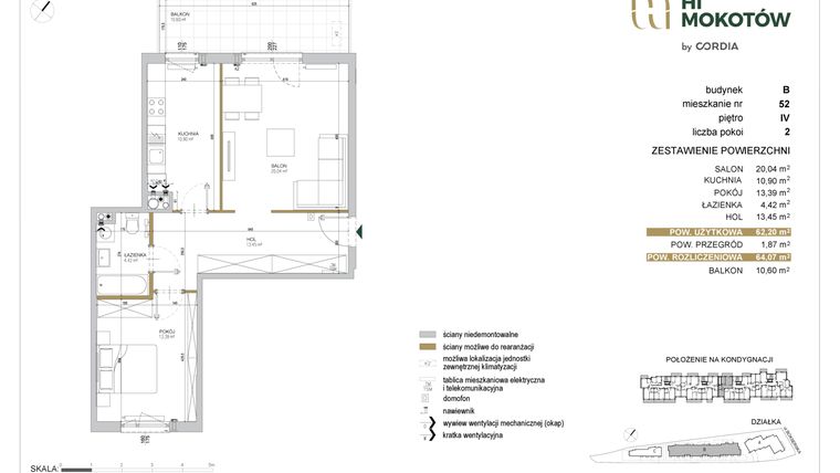 Rzut - Mieszkanie na sprzedaż 2 pokoje o powierzchni 61,9 m² - numer A1.B.52 w Hi Mokotów