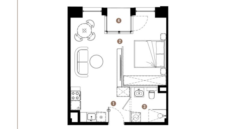 Rzut - Mieszkanie na sprzedaż 1 pokój o powierzchni 35,78 m² - numer E.01.03 w Apartamenty Reytana bud. E