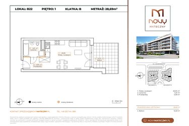 Rzut - Mieszkanie na sprzedaż 1 pokój o powierzchni 28,69 m² - numer B22 w Novy Mateczny