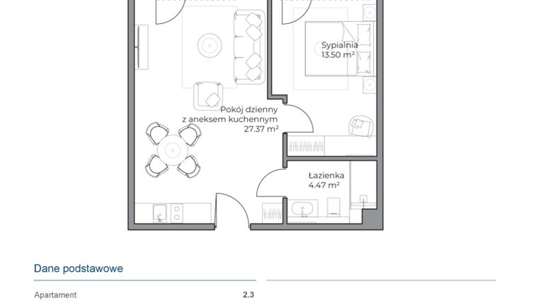 Rzut - Mieszkanie na sprzedaż 2 pokoje o powierzchni 45,41 m² - numer B.2.3 w Anchoria Holiday