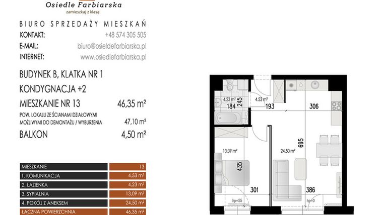 Rzut - Mieszkanie na sprzedaż 2 pokoje o powierzchni 46,35 m² - numer 13B w Osiedle Farbiarska II