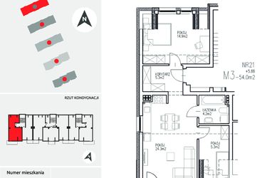 Rzut - Mieszkanie na sprzedaż 3 pokoje o powierzchni 54 m² - numer 5-21 w Ul. Ogrodowa - Etap II