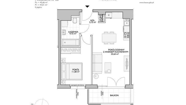 Rzut - Mieszkanie na sprzedaż 2 pokoje o powierzchni 44,01 m² - numer WO/P33/33 w Wiszące Ogrody
