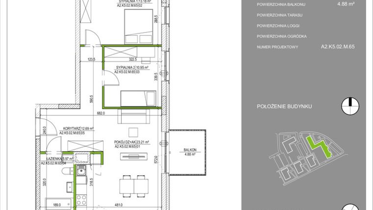 Rzut - Mieszkanie na sprzedaż 3 pokoje o powierzchni 68,03 m² - numer A2.65 w Osiedle Naturalnie