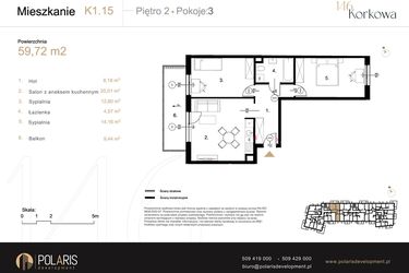 Rzut - Mieszkanie na sprzedaż 3 pokoje o powierzchni 59,72 m² - numer K1.15 w Korkowa 146