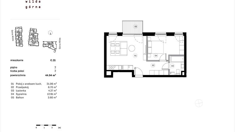 Rzut - Mieszkanie na sprzedaż 2 pokoje o powierzchni 44,94 m² - numer C.21 w Dolna Górna Wilda