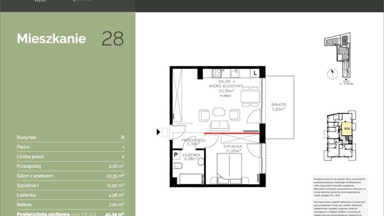 Rzut - Mieszkanie na sprzedaż 2 pokoje o powierzchni 41,39 m² - numer B28 w Stawowa Residence - etap V