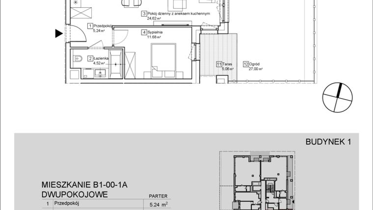 Rzut - Mieszkanie na sprzedaż 2 pokoje o powierzchni 43,29 m² - numer B1-00-1A w Nowa Francuska