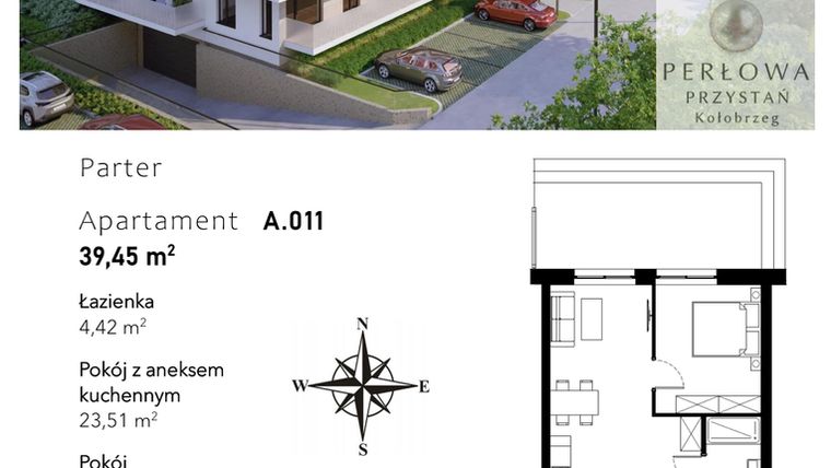 Rzut - Mieszkanie na sprzedaż 2 pokoje o powierzchni 39,45 m² - numer A.011 w Perłowa Przystań - Kołobrzeg - etap II