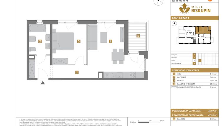 Rzut - Mieszkanie na sprzedaż 2 pokoje o powierzchni 46,97 m² - numer U8 w Wille Biskupin Etap 2.1