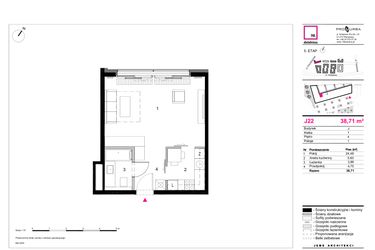 Rzut - Mieszkanie na sprzedaż 1 pokój o powierzchni 38,71 m² - numer J22 w 19. Dzielnica Etap V