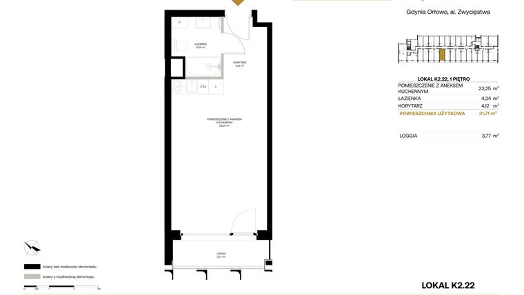Rzut - Mieszkanie na sprzedaż 1 pokój o powierzchni 31,71 m² - numer K2.22 w Orłowo Square - Apartamenty inwestycyjne