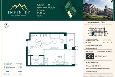 Rzut - Mieszkanie na sprzedaż 2 pokoje o powierzchni 39,05 m² - numer B1/0/6 w Infinity Mountain Resort etap 2
