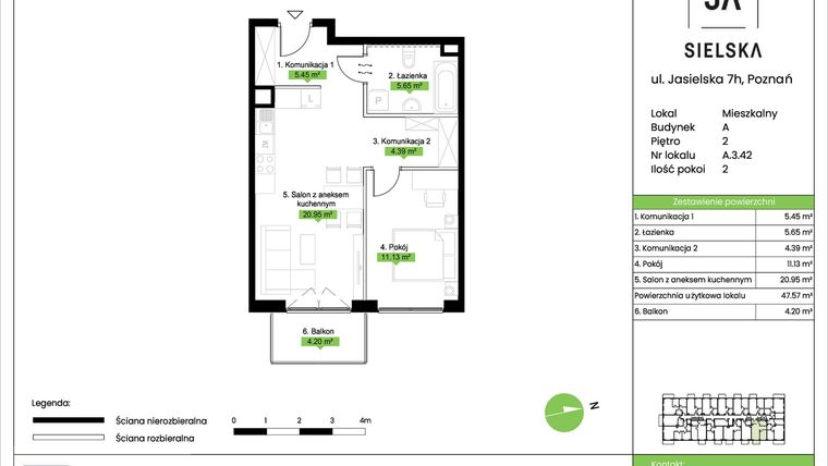 Rzut - Mieszkanie na sprzedaż 2 pokoje o powierzchni 47,57 m² - numer A.3.42 w JA_SIELSKA V