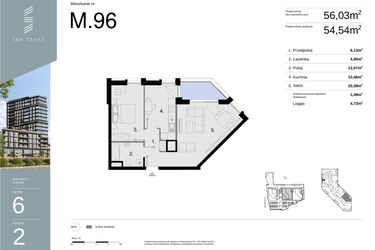Rzut - Mieszkanie na sprzedaż 2 pokoje o powierzchni 56,03 m² - numer M96 w Sky Trust etap II