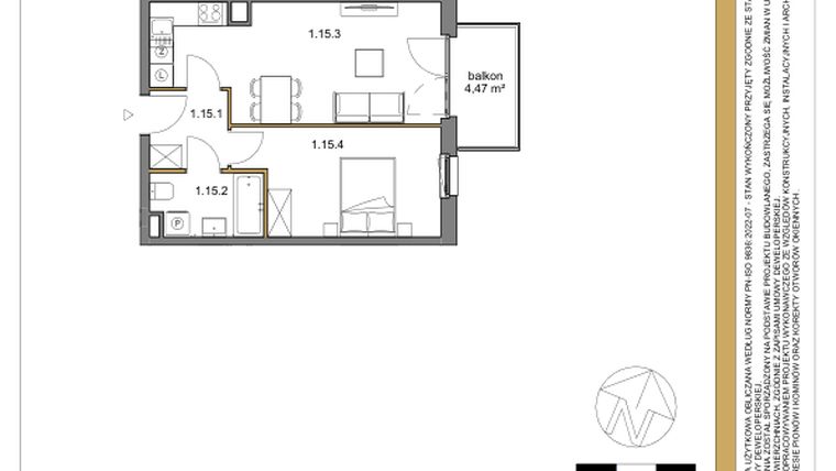 Rzut - Mieszkanie na sprzedaż 2 pokoje o powierzchni 41,56 m² - numer 15 w Osiedle Sfera etap II