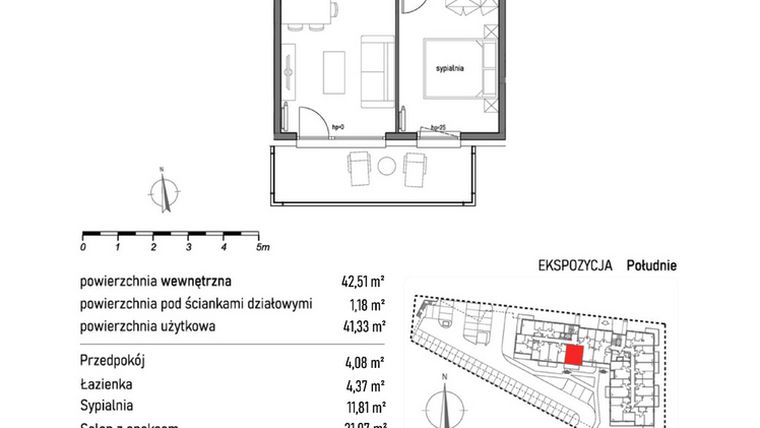 Rzut - Mieszkanie na sprzedaż 2 pokoje o powierzchni 42,51 m² - numer 1.2.2. w Dywizjonu 303