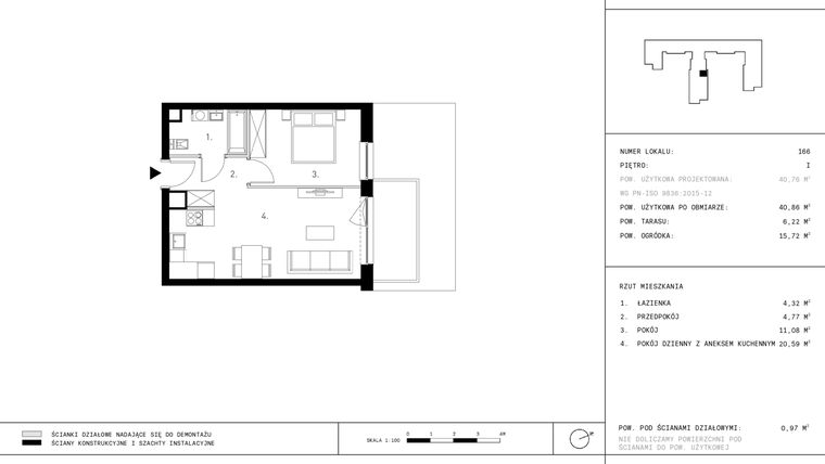 Rzut - Mieszkanie na sprzedaż 2 pokoje o powierzchni 40,86 m² - numer 1.A33 w Staszica 3