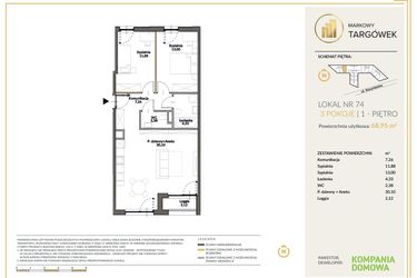 Rzut - Mieszkanie na sprzedaż 3 pokoje o powierzchni 69,18 m² - numer 74 w Markowy Targówek