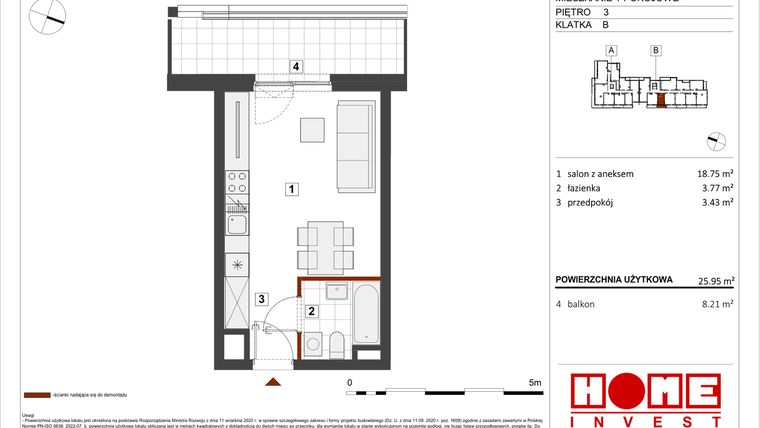 Rzut - Mieszkanie na sprzedaż 1 pokój o powierzchni 25,95 m² - numer B1-B083 w Warszawski Świt etap VIII