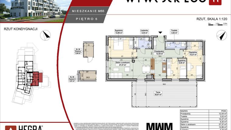 Rzut - Mieszkanie na sprzedaż 4 pokoje o powierzchni 84,3 m² - numer M55 w Apartamenty Wywrockiego 11