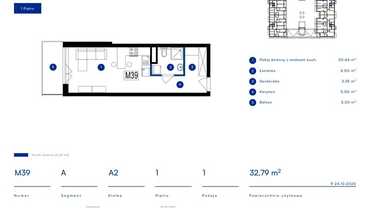 Rzut - Mieszkanie na sprzedaż 1 pokój o powierzchni 32,79 m² - numer 39A w Przy Bursztynowej
