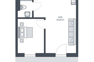 Rzut - Mieszkanie na sprzedaż 2 pokoje o powierzchni 34,24 m² - numer M19 w TARASY GĄSKI