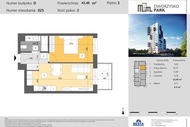 Rzut - Mieszkanie na sprzedaż 2 pokoje o powierzchni 43,48 m² - numer 25 w Dworzysko Park - Etap III