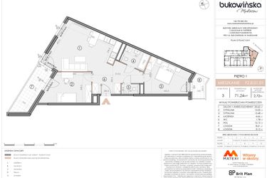 Rzut - Mieszkanie na sprzedaż 3 pokoje o powierzchni 71,24 m² - numer F2.B.01.01 w Bukowińska Mokotów etap 2
