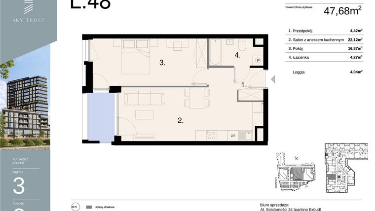 Rzut - Mieszkanie na sprzedaż 2 pokoje o powierzchni 47,68 m² - numer L48 w Sky Trust etap II - apartamenty inwestycyjne 23% VAT PRS