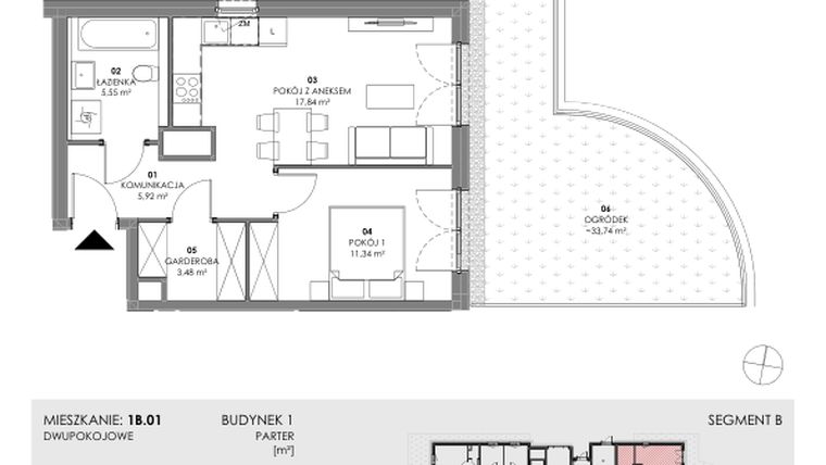 Rzut - Mieszkanie na sprzedaż 2 pokoje o powierzchni 44,13 m² - numer 1B.01 w Akacjowa Wita