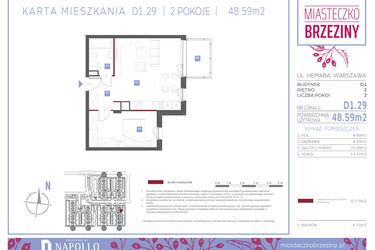 Rzut - Mieszkanie na sprzedaż 2 pokoje o powierzchni 48,59 m² - numer D1.29 w Miasteczko Brzeziny II