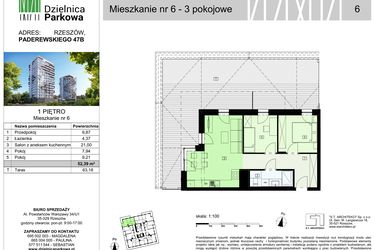 Rzut - Mieszkanie na sprzedaż 3 pokoje o powierzchni 52,67 m² - numer 6/B7 w Dzielnica Parkowa VII