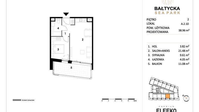 Rzut - Mieszkanie na sprzedaż 2 pokoje o powierzchni 38,96 m² - numer A.2.10 w Bałtycka Sea Park