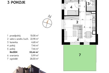Rzut - Mieszkanie na sprzedaż 3 pokoje o powierzchni 52,66 m² - numer OK-01 w OKI DOKI