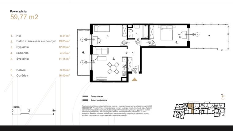 Rzut - Mieszkanie na sprzedaż 3 pokoje o powierzchni 59,77 m² - numer K1.05 w Korkowa 146