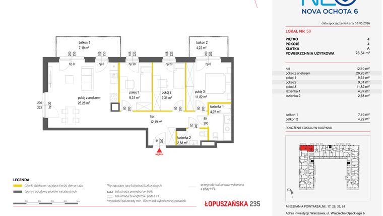 Rzut - Mieszkanie na sprzedaż 4 pokoje o powierzchni 76,54 m² - numer 50 w Neo Nova Ochota 6