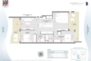 Rzut - Mieszkanie na sprzedaż 3 pokoje o powierzchni 122,19 m² - numer P1-BL3-B w Miami Towers