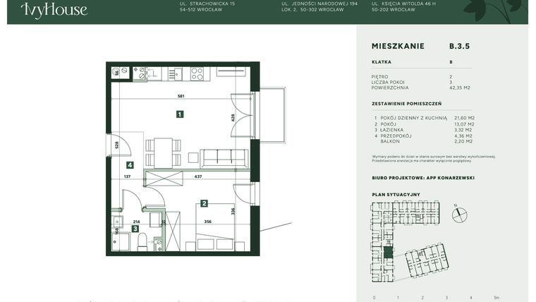 Rzut - Mieszkanie na sprzedaż 2 pokoje o powierzchni 42,35 m² - numer B.3.5 w IVY HOUSE