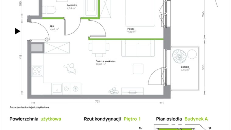 Rzut - Mieszkanie na sprzedaż 2 pokoje o powierzchni 38,84 m² - numer A/1/39 w Krakowska Vita
