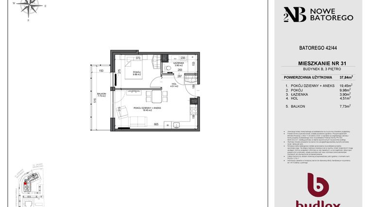 Rzut - Mieszkanie na sprzedaż 2 pokoje o powierzchni 37,84 m² - numer B31 w Nowe Batorego 2