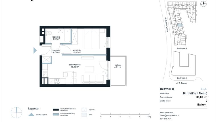 Rzut - Mieszkanie na sprzedaż 2 pokoje o powierzchni 36,02 m² - numer B1.1.M13 w EMaya