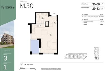 Rzut - Mieszkanie na sprzedaż 1 pokój o powierzchni 30,06 m² - numer A - M.30 w Dzielnica Trust - etap I